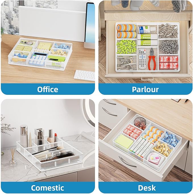 Marbrasse Desk Drawer Organizer, Metal Mesh Drawer Organizer Tray with 5 Adjustable Compartments,Desk Organizers and Accessories for Home,Office,Kitchen,Makeup,Vanity (White)