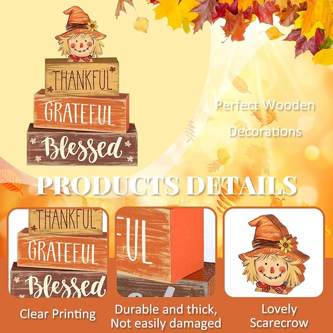 4 Pcs Fall Thanksgiving Decor for Home Sunflower Scarecrow Wooden Sign with Sayings Fall Scarecrow Tiered Tray Decor Blessed Tabletop Centerpiece Maple Leaf Block Signs for Autumn Office Kitchen Shelf