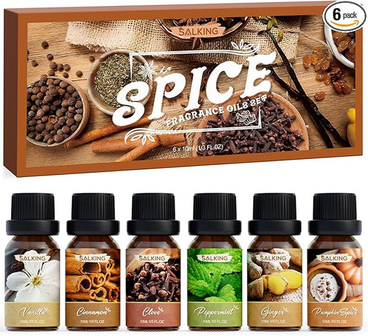 SALKING Spice Essential Oils, Premium Fragrance Oil for Diffuser, Scented Oil Gift Set for Soap Candle Making - Cinnamon, Clove, Vanilla, Pumpkin Spice, Peppermint, Ginger