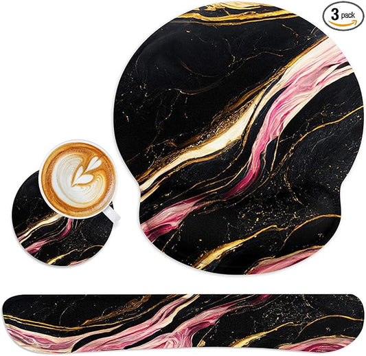 Britimes Black Pink Gold Marble Ergonomic Mouse Pad Set with Wrist Rest Non-Slip Rubber Base Wrist Cushion Support and Coasters Mousepad with Wrist Support for Computer Keyboard and Desk