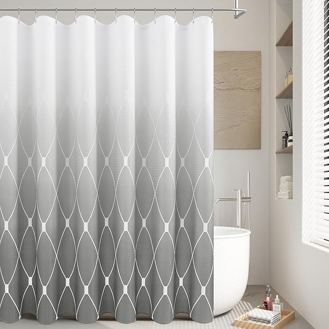 Grey and White Shower Curtain Sets for Bathroom, Modern Cool Ombre Geometric Waffle Cloth Fabric Polyester Shower Curtain Liner for Mens, Durable and Machine Washable, 72 x 72 Inches