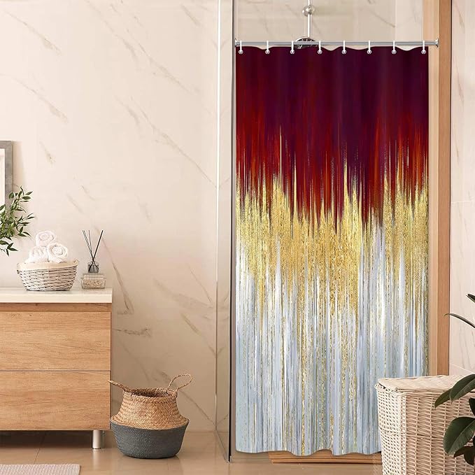 JAWO Abstract Dark RedSh ower Curtain, Gold Blue Boho Ombre Minimalist Chic Art Shower Curtains, Modern Neutral Contemporary Striped Brush Strokes Tan Art Waterproof Bathroom Curtain with 12 Hooks