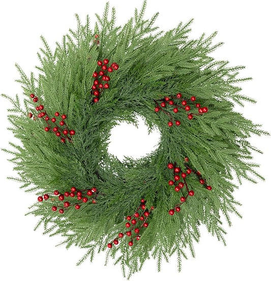 Artificial Christmas Wreaths for Front Door,26" Large Winter Wreaths for Indoor and Outdoor Christmas Decorations,Norfolk Pine Door Wreath with Red Berries for Wall Window Porch Farmhouse Stair