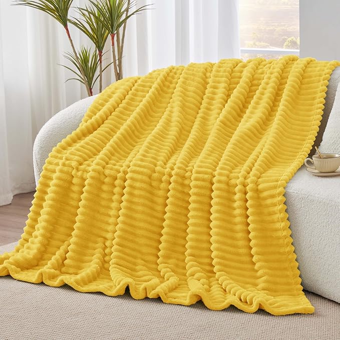 BEDELITE Fleece Throw Blanket for Couch - 300GSM Soft & Warm Fluffy Yellow Blanket, Decorative and Giftable Striped Blankets for Women, Men, 50"x60"