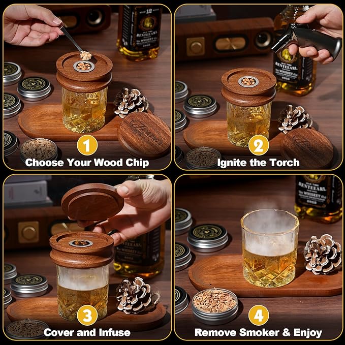 Whiskey Smoker Kit with Torch - 6 Natural Wood Chips, 2 Glasses, 2 Ice Ball Molds - Cocktail Smoker Infuser Kit, Old Fashioned Smoker Kit, Birthday Bourbon Whiskey Gifts for Men, Dad(No Butane)
