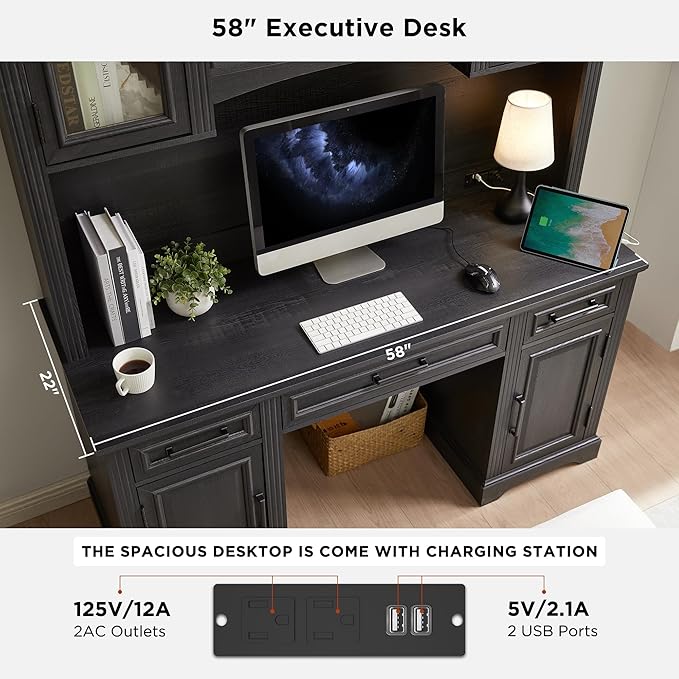 JXQTLINGMU Farmhouse 76" Height Computer Desk with Hutch, Office Desk with Charging Station, Drawers and Storage Cabinet, Workstation for Office Home, Black