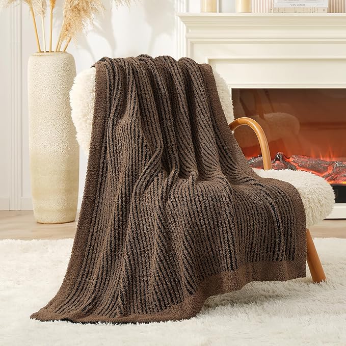 Snuggle Sac Ultra Soft Throw Blanket for Couch, Fuzzy Microfiber Knit Stripe Blankets for Couch, Sofa, Travel, Black Brown, 50x60 inches