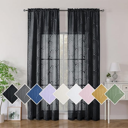 Simplebrand Black Sheer Curtains 96 Inches Long 2 Panels for Living Room, Jacquard Clip Textured Geometric Mid Century Sheer Curtains, Light Filtering Elegant Long Curtains Sheer, 42" Wx96 L