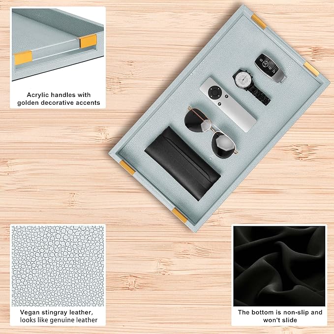 Ottoman Tray Shagreen Decorative Tray Serving Tray with Acrylic Gold Handles, 2 Pack Large Ice Blue Coffee Table Tray for All Occations Home Decor