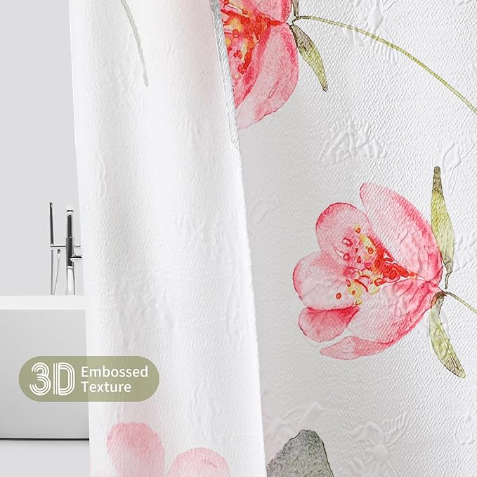 QiyI Watercolor Floral Shower Curtain, 3D Embossed Butterflies Pink Flower Bathroom Curtains, Minimalist Farmhouse Bath Curtain, Waterproof Fabric Green Leaves Shower Curtain Set with Hooks, 72x72