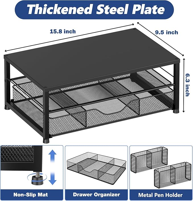 Desk Organizer and Accessories, 2-Tier Computer Monitor Stand Riser with Drawer and 2 Pen Holders, Laptop Stand, Office Desk Accessories for Office Supplies, Black