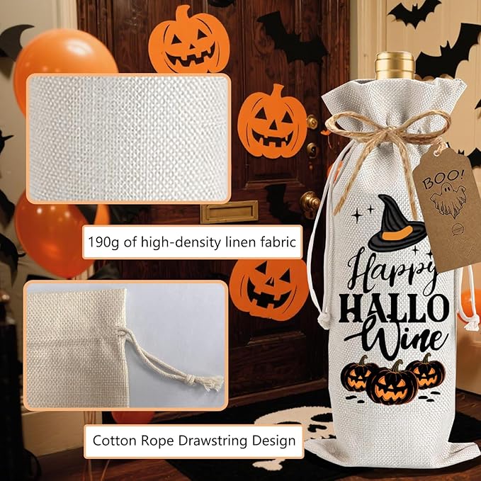 1Pcs Happy Hallo Gifts Wine Bag,Halloween Wine Bag Happy Hallo wine Halloween Gifts Party Decorations for Women Men with 1Pcs Kraft Blessing Cards and natural jute rope