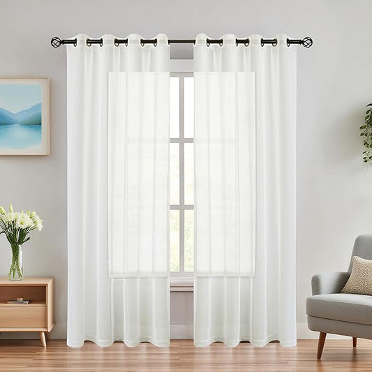 Randall Off White Linen Sheer Curtain Panel Sets of 2 with Eyelets Open Weave Faux Linen Window Treament for Living Room Bedroom Farmhouse, Elegant Nickel Grommet Top-54x84 Inch