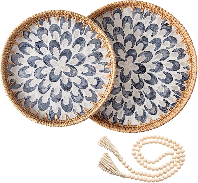 Set of 2 Round Rattan Tray Home Decor with Wood Bead Garland, Boho Decorative Wicker Serving Tray with Mother of Pearl Inlay for Coffee Table, Bathroom, Ottoman, Kitchen Table (Coastal Blue)
