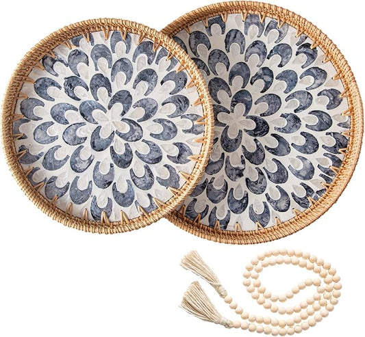 Set of 2 Round Rattan Tray Home Decor with Wood Bead Garland, Boho Decorative Wicker Serving Tray with Mother of Pearl Inlay for Coffee Table, Bathroom, Ottoman, Kitchen Table (Coastal Blue)