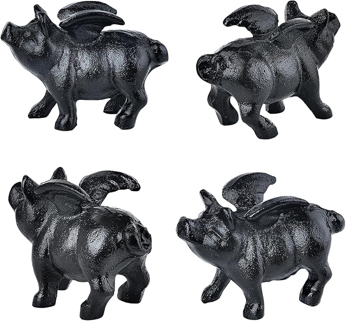 Sungmor Whimsical Cast Iron Flying Pig Statue, 2pcs Rustic Black Cute Little Piggy Paperweight, Garden Collection Figurine Home Office Desk Ornament, Indoor Outdoor Animal Statues