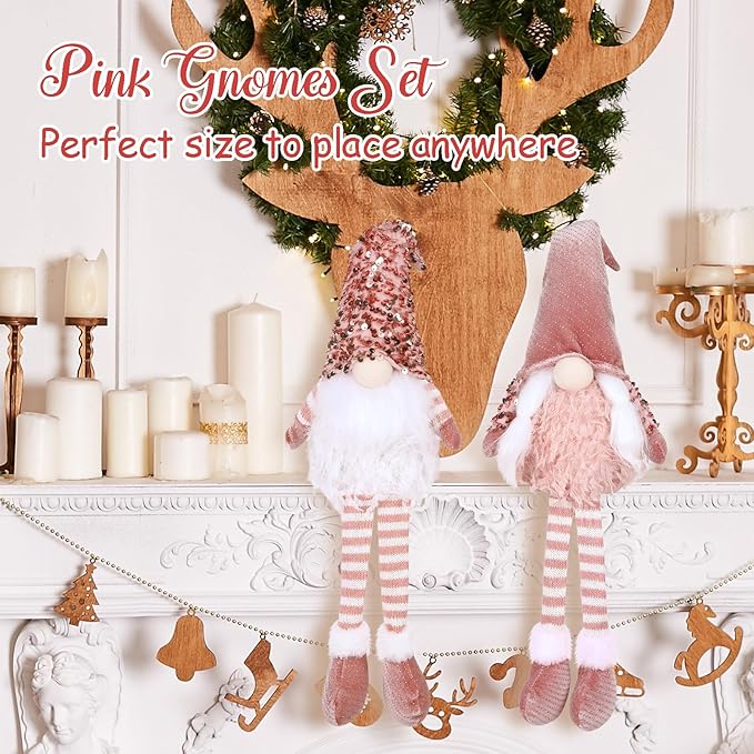 HMASYO Pink Couple Christmas Swedish Gnomes - 2Packs Handmade Swedish Tomte Santa Figurine Plush Elf with Sequin Hat, Long Leg Gnomes Plush Elf Xmas Decor Thanksgiving