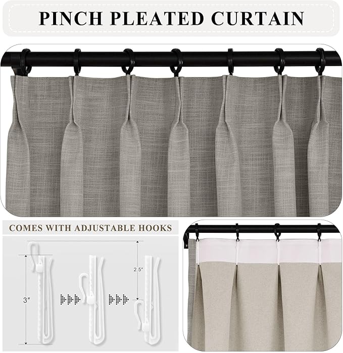 Macochico Linen Blackout Curtains 96 Inches Long Pinch Pleated Drapes with Hooks Thermal Blackout Curtains for Living Room Bedroom Nursery Kids Room with Tieback Smoke Grey 72" Wx96 L 1 Panel