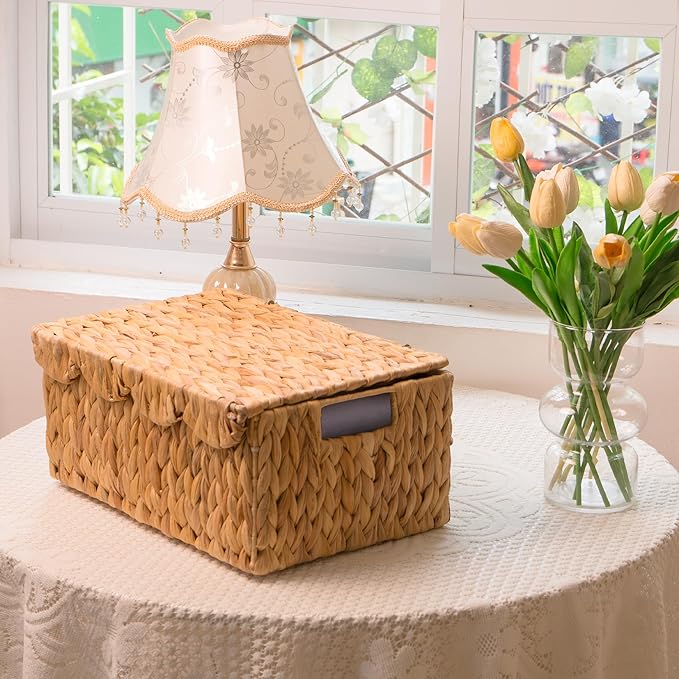 KOKODO Set of 2 Scalloped Wicker Baskets – Handwoven Rectangular Water Hyacinth Storage Baskets with Lid and Handles for Organizing, Bathroom, Living Room & Shelf Décor – Rattan Organizing Bins