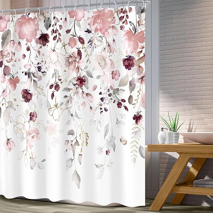 Extra Long Floral Flower Shower Curtain 72Wx78H Inch Grey Pink Floral Blossom Leaves Watercolor Eucalyptus Botanical Plant Girls Bathroom Set Rustic Bath Curtain Bathtub Accessories Home Decor