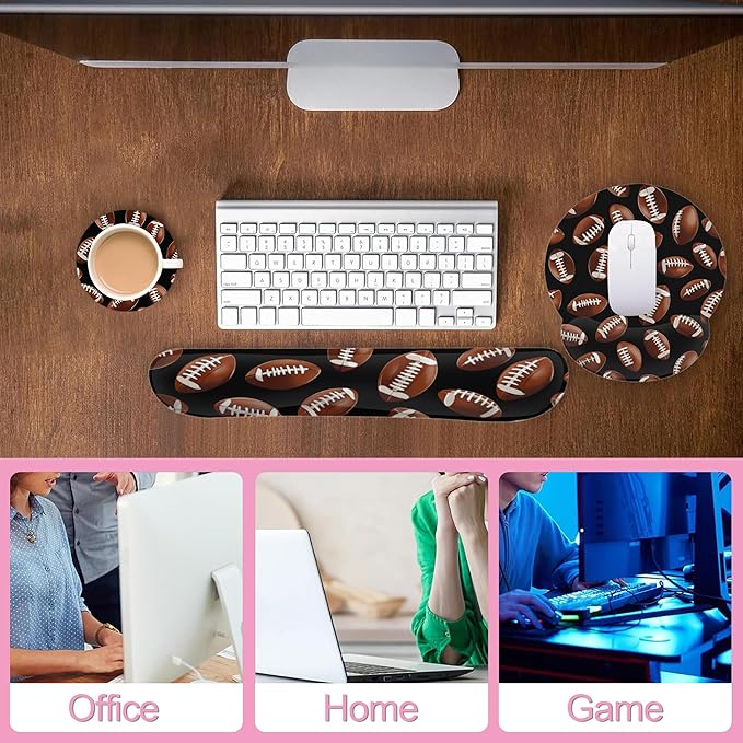 American Football Keyboard Wrist Rest Pad and Mouse Pad Wrist Support Set,3-in-1 Ergonomic Mouse Pad with Non-Slip Rubber Base for Home Office Game Computers Desk,
