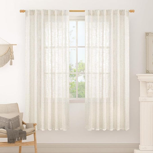 LAMIT 68 inch Length Linen Curtains for Living Room 2 Panels, Linen Textured Light Filtering Semi Sheer Back Tab and Rod Pocket Window Curtain Panels for Bedroom/Farmhouse, Cream, 52 x 68 Inch