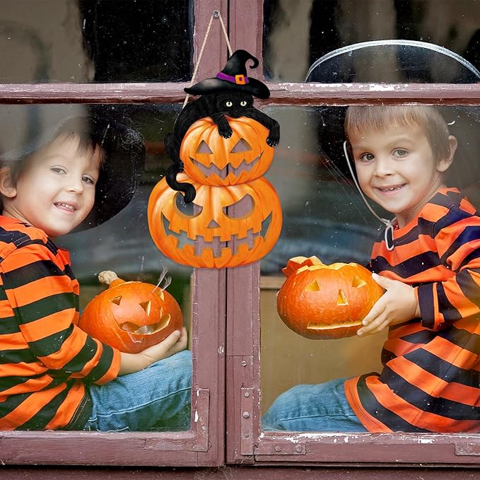 HPNIUB Black Cat Halloween Plaque, Cute & Scary Wooden Sign for Front Door Decor - 9.4x15.3 Inch