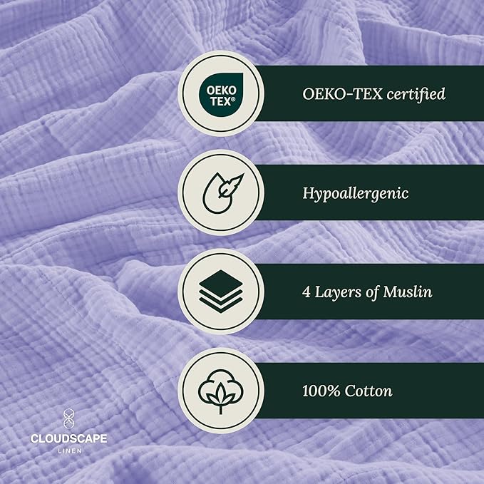 Cloud Scape Linen Extra Large 4 Layer Muslin Throw Blanket - 100% Cotton Gauze, Lightweight & Breathable All Season, Pre-Washed, for Couch & Bed, 50x70, Lavender Blue