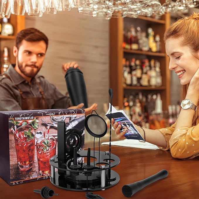 Bartender Kit,Cocktail Shaker Set 13-Piece Bar Tool Set with Acrylic Rotatable Stand for The Home,Bar（Frosted Black）