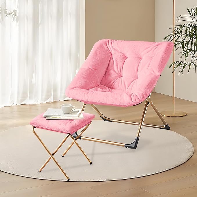 Comfy Oversized Saucer Chair with Ottoman,Soft Faux Fur Reading Lounge Chair for Adults,Stable X-Large Metal Frame and Non-Slip Pad,Cozy Chair for Bedroom, Living Room, Dorm, Office, Pink