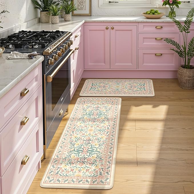 Collive Kitchen Mats Cushioned Anti Fatigue, Waterproof Kitchen Floor Mat Non Slip Desk Rugs Comfort Standing Rug, Pink Floral Carpets for Sink, Office, Laundry, Home Decor, 20" x 47" + 20" x 32"