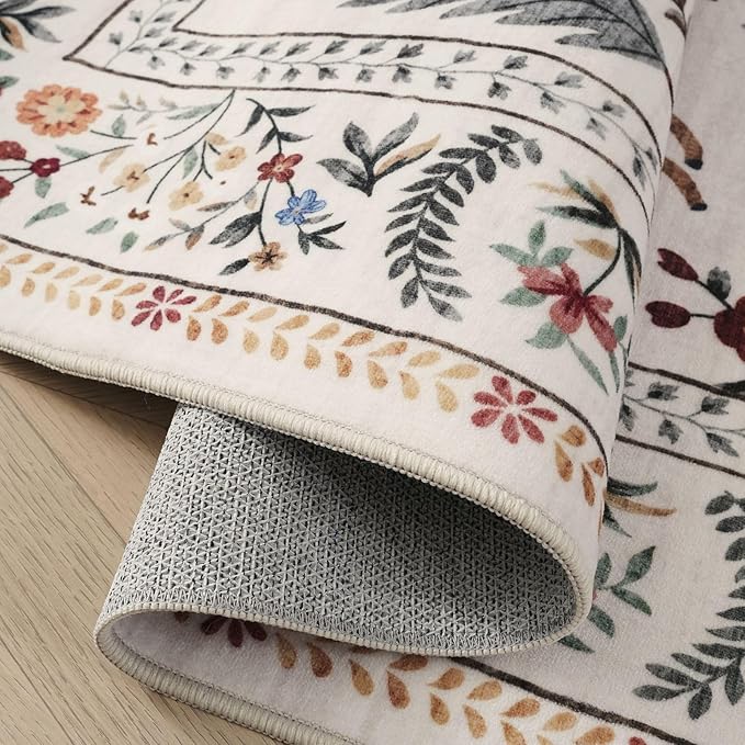 Rugcomf Round Rug 4ft Washable Circle Rug Non Slip Low Pile Boho Floral Animal Small Circular Rug for Bedroom, Bathroom, Entryway, Kids Room, Office, College Dorm (Beige)