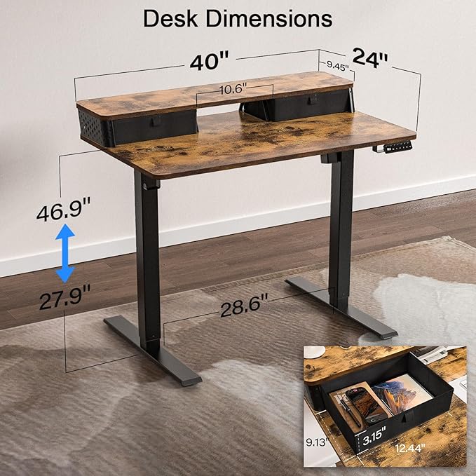 40 x 24 Inch Standing Desk with 2 Drawers, Easily Assembled Height Adjustable Desk, Ergonomic Sit to Stand Electric Desk for Home Office Workstation, Rustic Brown