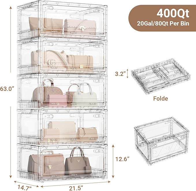 BROVIEW Clear Stackable Storage Bins Drawers, 400Qt Open Front Large Plastic Storage Bins with Lids and Wheels, Foldable Closet Organizers and Storage for Wardrobe Cabinets, Pantry, Makeup,5 Pack