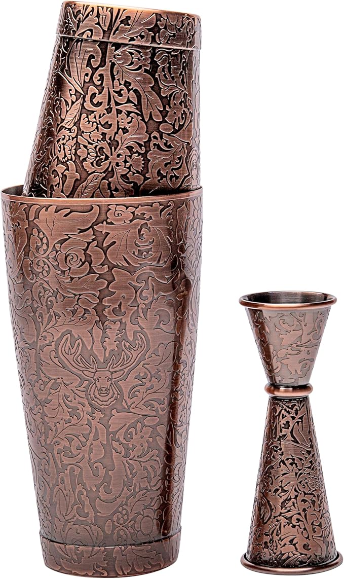 Sky Fish 3D Etched 18-Piece Bartender Kit Stainless Steel Boston Cocktail Shaker Set Copper Plated Bartending Tools Suit for Bar Tools Set Mixology Enthusiasts, Professional Bartenders and Home Drink