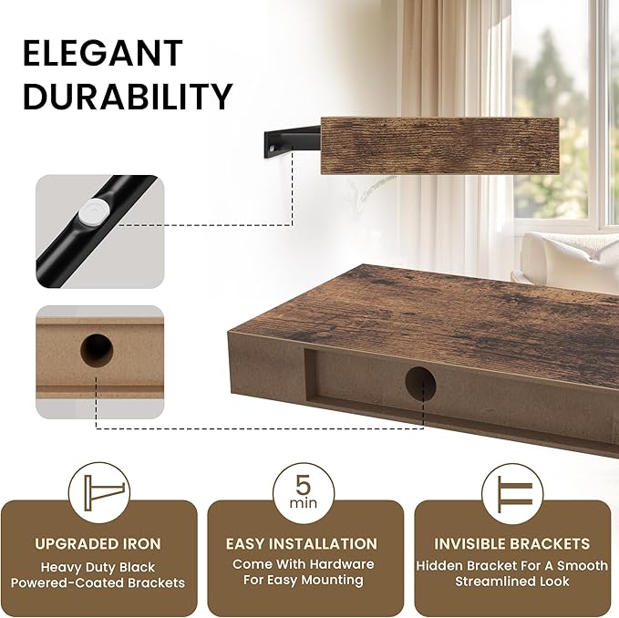 Square Floating Shelves for Wall, 10"W x 10"D x 1.2"H, Small Wooden Wall Mounted Display Shelf with Invisible Brackets for Living Room, Bedroom, Bathroom, Kitchen Decor, Set of 4, Rustic Brown