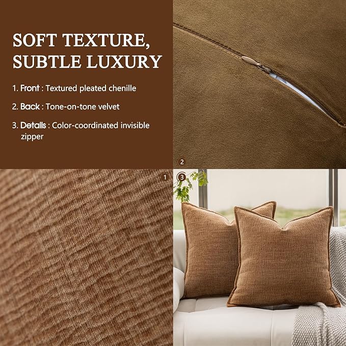 DWR Decorative Fall Throw Pillow Covers Set of 2, 18x18 Crinkled Chenille Textured Cushion Covers for Couch, Sofa or Bed, Modern Rustic Home Accent in Muted Pumpkin Color