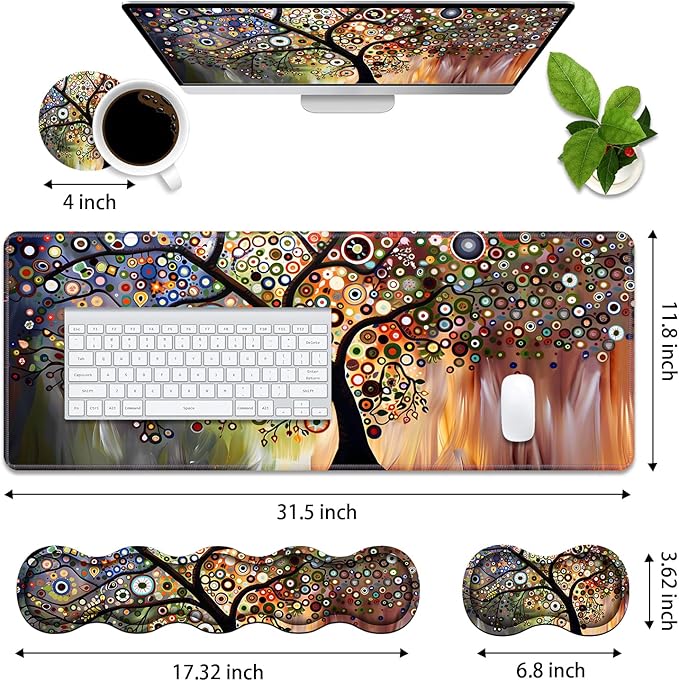 4 in 1 Ergonomic Memory Foam Mouse Pad Wrist Rest Set, Large XXL Gaming Desk Pad + Keyboard Wrist Rest + Mouse Wrist Cushion + Coaster for Home Office Study Gaming, Tree of Life