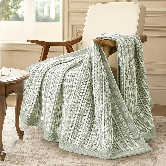 Amélie Home Striped Knit Throw Blanket for Couch, Dual-Sided Soft Chenille Decorative Blankets for Sofa & Chair, 50"x60", Sage Green & White