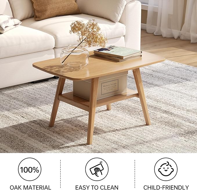 100% Solid Oak Wood Coffee Table for Living Room, Small Table with Shelf Storage, Mid Century Modern Coffee Tables with Rounded Corners for Home (Natural, 31.49“ x 22.05” x 17.32“)