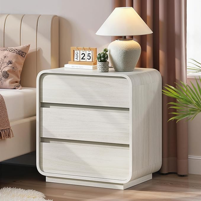 White Nightstand Set of 2 with Charging Station, 23.2" Wide Wood Bedside Table, Modern End Table with 3 Storage Drawers, Curved Profile, Mid Century Night Stand for Bedroom Dorm Office