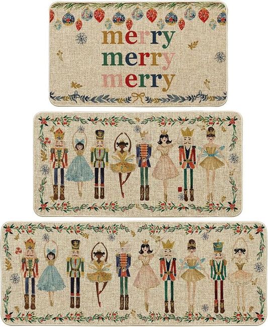 Artoid Mode Watercolor Nutcrackers Merry Christmas Decorative Kitchen Mats Set of 2, Home Party Low-Profile Kitchen Rugs - 17"x29"+17"x36"+17"x47"