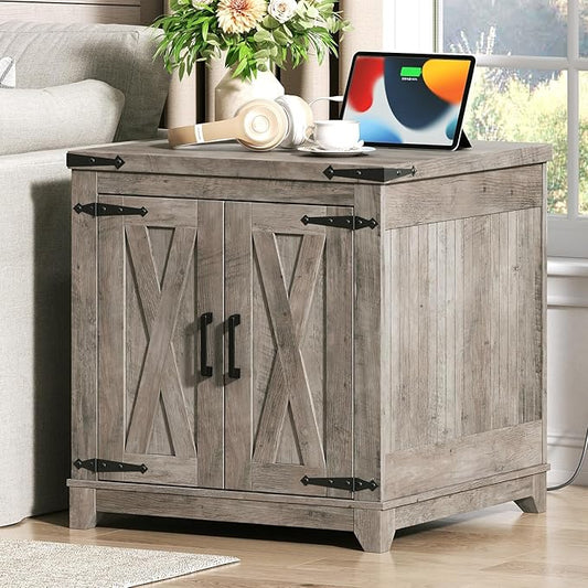 Farmhouse Side Table, Large End Table with Charging Station, Sofa Side Table with Adjustable Shelf and Barn Door, Wooden Nightstand for Living Room, Bedroom, Office, Greige