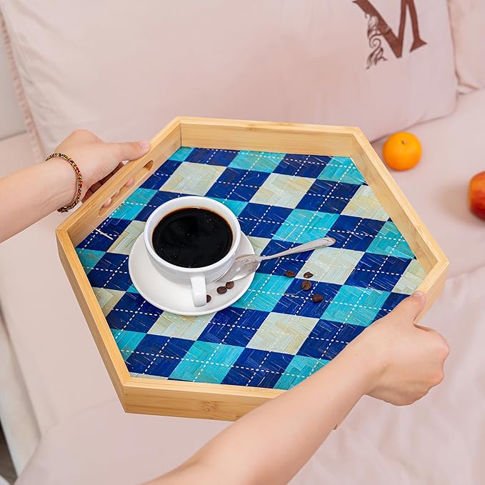 PEMAR 15.7" Hexagonal Bamboo Tray for Serving Coffee, Breakfast, Bread, Food, Art Decor. Decorative Pattern Tray for Coffee Table, Kitchen Counter, Vanity, Bedroom, Ottoman, Home Decor (Argyle)