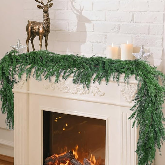 2 Pcs 9 Ft Artificial Norfolk Pine Garlands, Realistic Christmas Pine Garland Faux Winter Greenery for Holiday Table Centerpiece, Mantel, Wall, Indoor, Outdoor Christmas Decor (2, 9 Ft)
