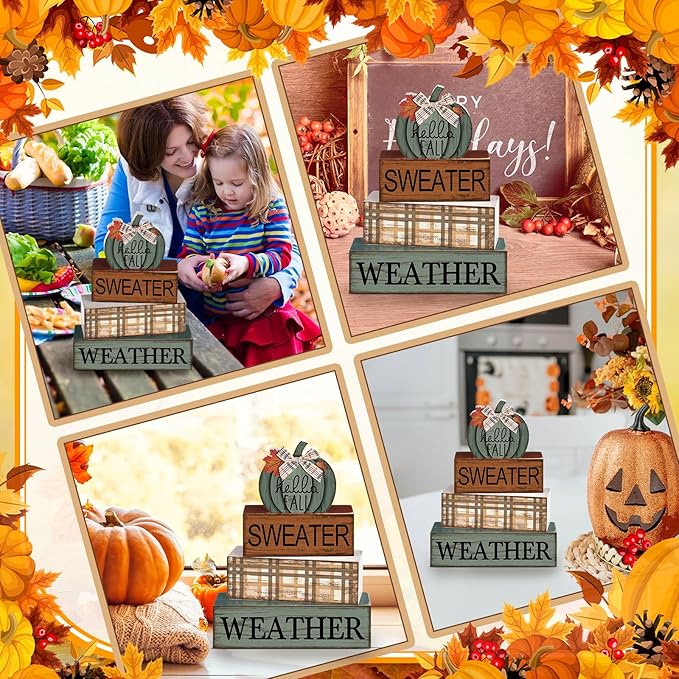 4 Pcs Fall Pumpkin Decor Fall Decorations for Home Thanksgiving Table Centerpiece Pumpkin Tiered Tray Decor Rustic Decorative Block Signs Farmhouse for Autumn Harvest Party Table Kitchen Home