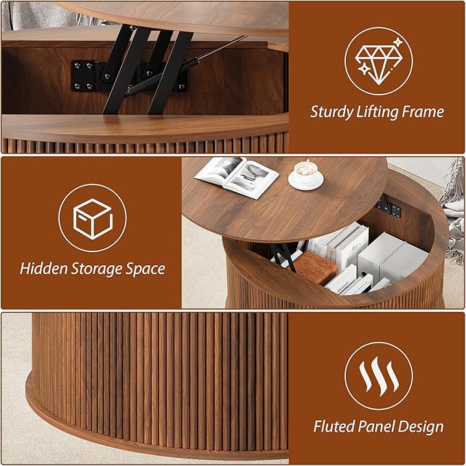 Lift Top Coffee Table, Fluted Round Coffee Table with Storage, Farmhouse Center Dining Table Circle Table for Living Room, Apartment, Home Office (Walnut)