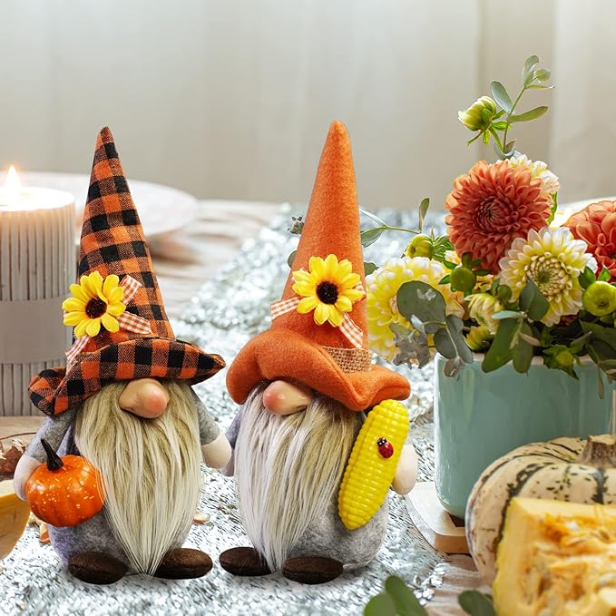 CRCZK Fall Gnomes Plush Decor, 2Pack Thanksgiving Buffalo Plaid Gnome Plush Tomte Swedish Gnomes with Pumpkin Corn Sunflower, Fall Harvest Gnomes Decor Thanksgiving Autumn Holiday Home Decor Gifts
