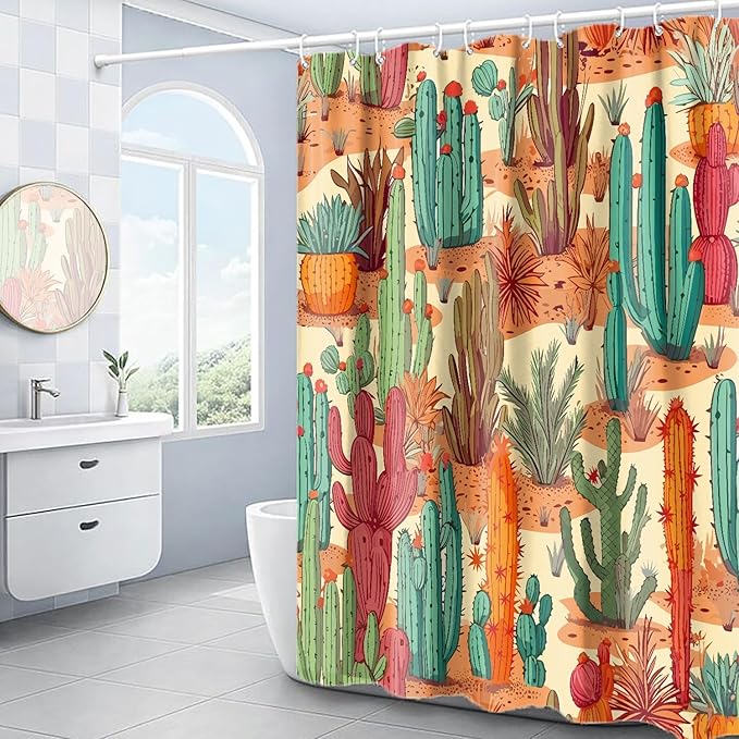 Domoku Multicolor Desert Cactus Shower Curtain Set - Western Prickly Shower Curtain, Southwest Plant Tropical Desert Style, Waterproof Fabric with 12 Hooks, 72 x 72 inches