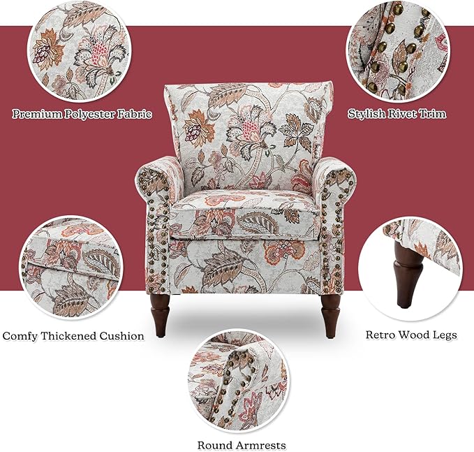 HULALA HOME Modern Wingback Accent Chair with Wood Legs & Removable Cushion, Comfy Upholstered Armchair with Nailhead Trim, Floral Pattern Single Sofa Chair for Living Room Bedroom, Pink